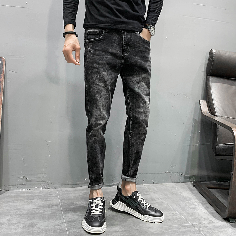 

2021 New Moda Outono Novo Preto Roupas Masculinas Simples Todos Os Jogos Fino Ajuste De Comprimento Total Casual Calas Jeans Streetwear Ke2i, Black