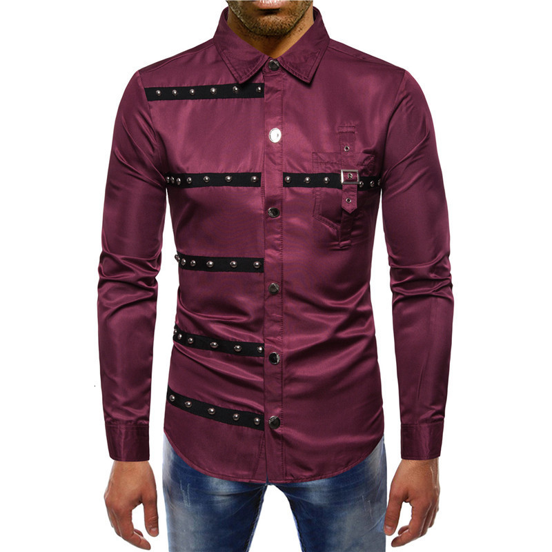 

2021 New Men's Shirt Vintage Rivet Stripe Lapel Long Sleeve Slim Streetwear Man Gothic Evening Shirts Ropa Gotica Hombre 542f, Red wine