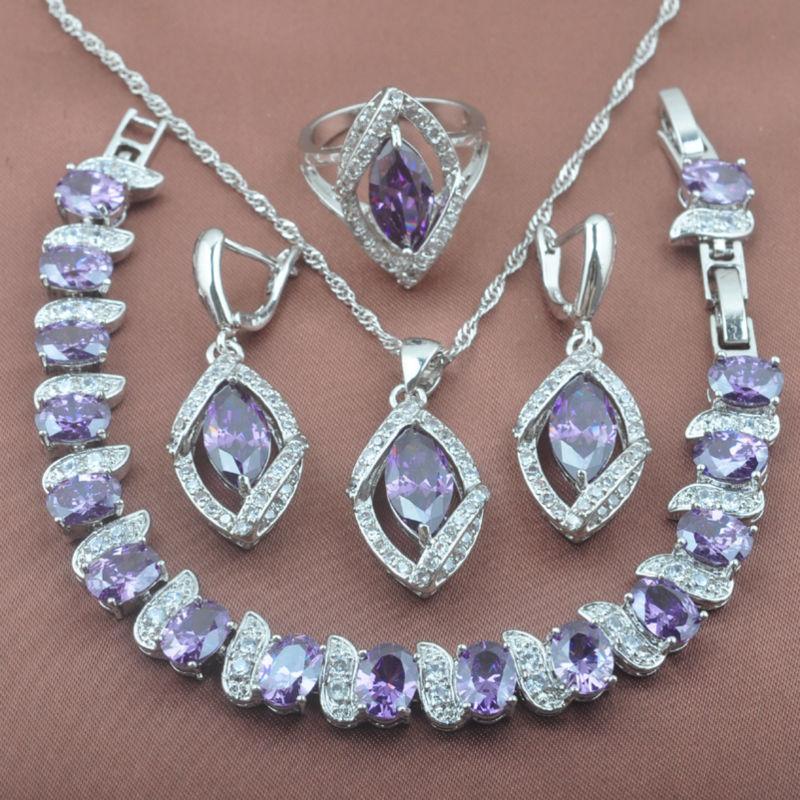 

Earrings & Necklace Natural Purple Silver Color Jewelry Sets Women's Crystal Bracelet Pendant Ring Russian Style YZ0208
