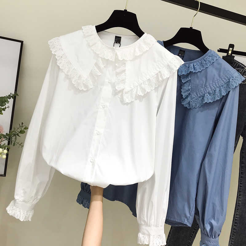 

women's cotton shirt mori girls autumn spring Japanese style sweet lace peter pan collar long sleeve solid blouse blusa 210601, White