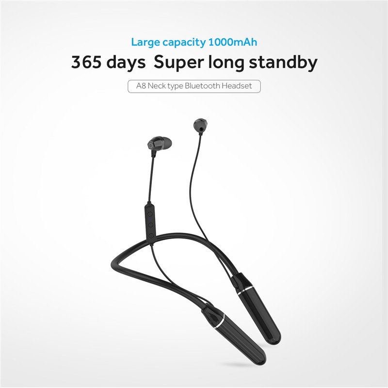 

one piece cell phone earphones a8 5.0 neck type bluetooth headset headphone large capacity 1000mah metals magneitc suction heads support sir