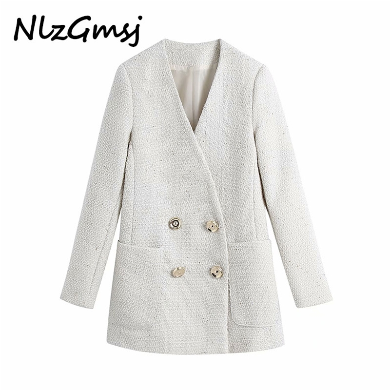 

Nlzgmsj Autumn Women V Neck Double Breasted Suit Coat Female Long Sleeve Outerwear Casual Lady Loose Tops 210628, As picture