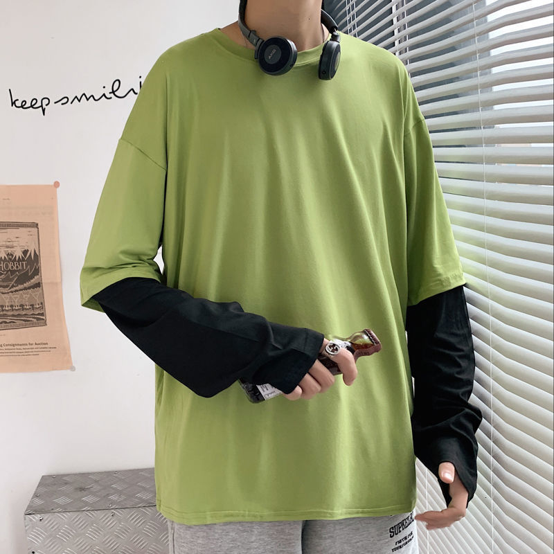 

2021 New Spring Cotton Fake Two-piece T-shirt Men's Fashion Casual O-neck t Shirt Men Streetwear Long-sleeved Tshirt Mens Fnds, Pink