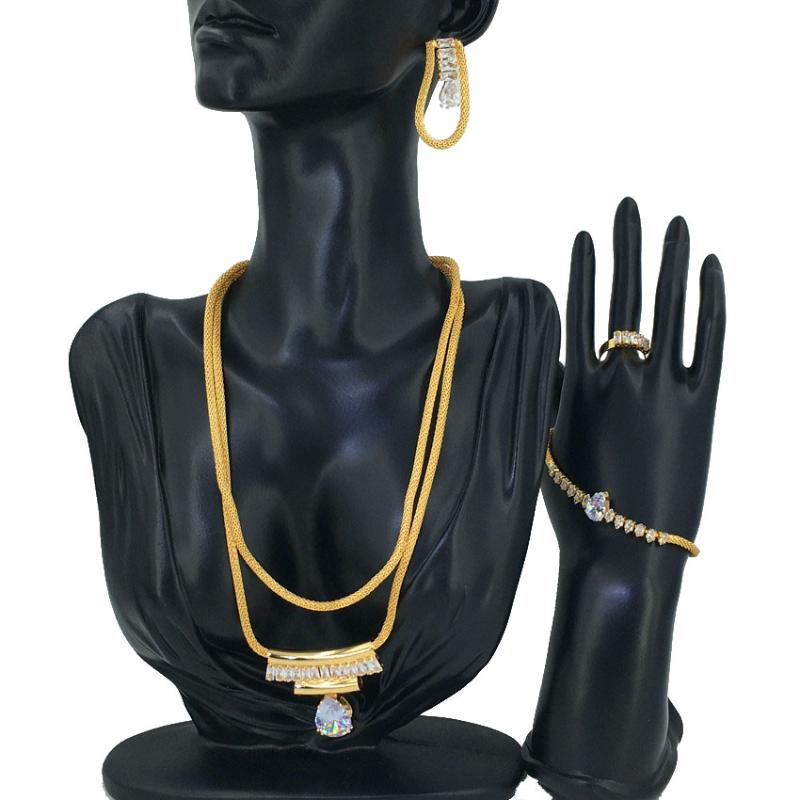

Earrings & Necklace Mejewelry Bridal Dubai Gold Crystal Bracelet Ring Nigerian Wedding Party Women Jewelry Sets FHK12250, As pic