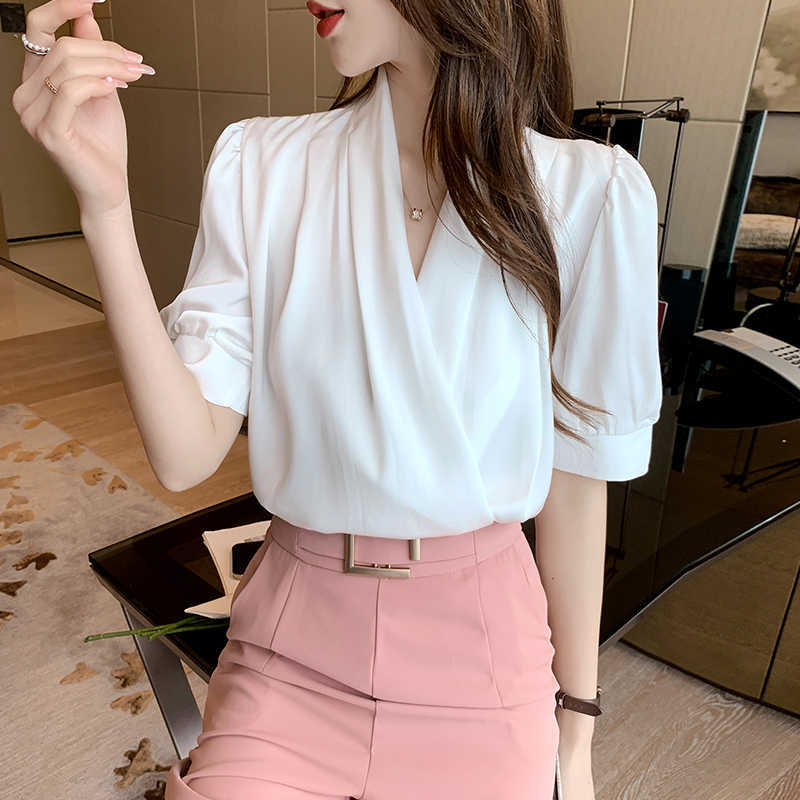 

Korean Women' Shirt Chiffon Blouses for Women Short Sleeve Female Top White Folds V-neck Blouse Woman OL 210604, Yellow