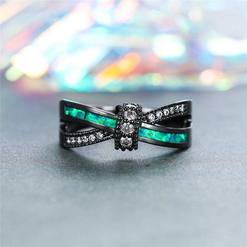 

Wedding Rings Charm Vintage Black Gold Ring Classic Cross Green Opal Stone Luxury Crystal White Zircon Engagement For Women1