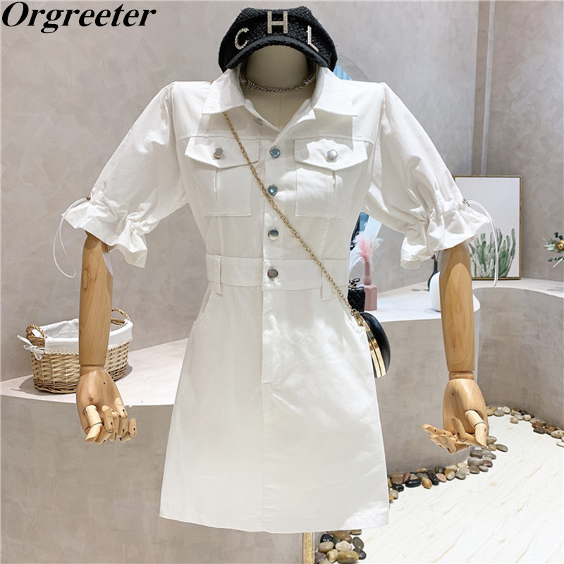 

Cool Safari Style Dress Women Summer Lapel Flare sleeve Single-breasted Elastic Waist Bodycon Mini Female 210525, Khaki