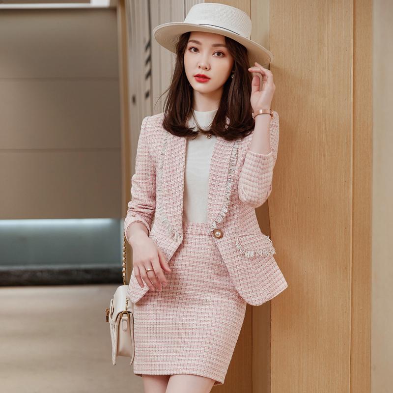 

Two Piece Dress Fall Winter Fashion Casual Pink Blazer Women Business Suits Jacket Sets Ladies Work Wear Office Uniform Styles, White