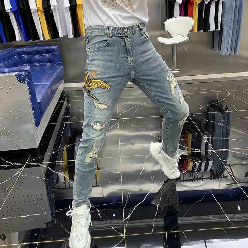 

Sequin Decoration Denim Men 2021 New Spring Mens Eagle Embroidery Trend Designer Fashion European Jeans Stpk, Blue