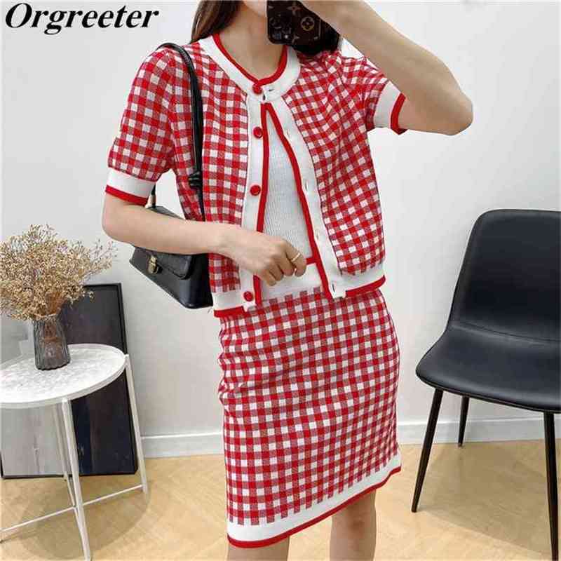 

Spring Summer Red/Black Contrast Color Plaid 2 Piece Set Women Short Sleeve Cardigan Tops +Mini Skirt Elegant Knitted Suit 210602