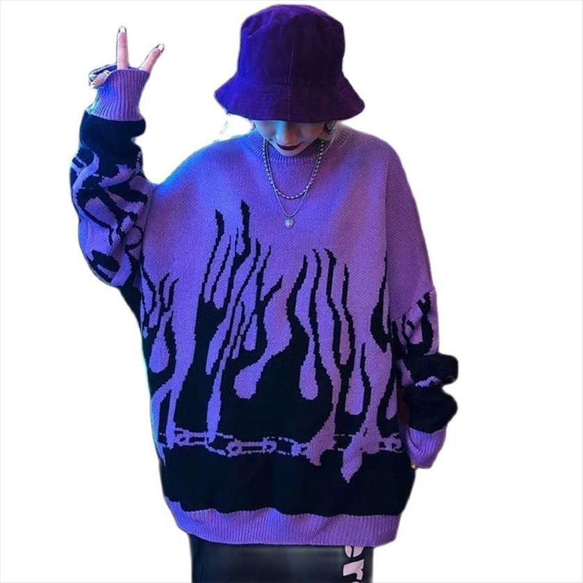 

goth street y2k knitted autumn womens sweaters winter woman korean flame purple oversized loose jumper lovers fashion clothes, White;black