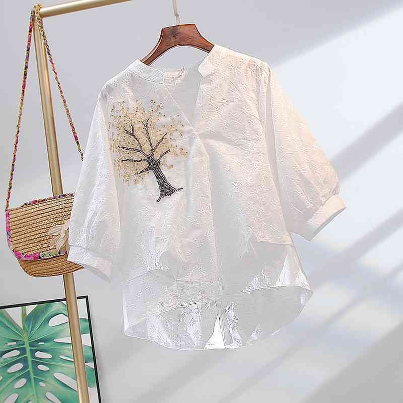 

VANOVICH Women Blouses Summer Wild Casual Fashion Cotton Embroidered Ladies and Tops V Collar Clothing 210615, White