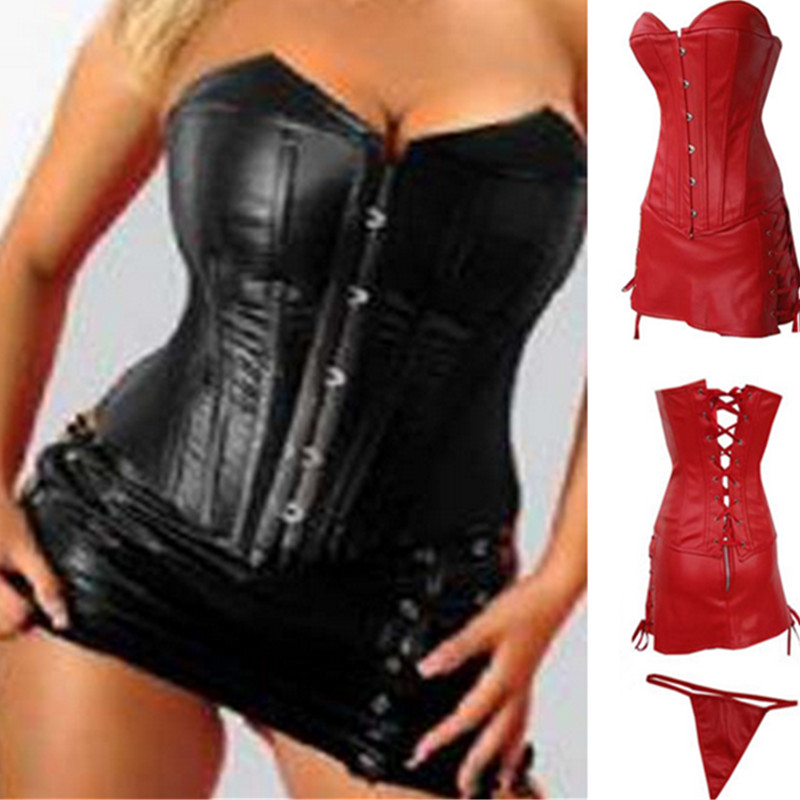 

Woman Bustiers Red Leather Corset Plus Size Body Shapers Black Latex Strapless Bustiers Sexy Lingerie Corset Skirt, As shown