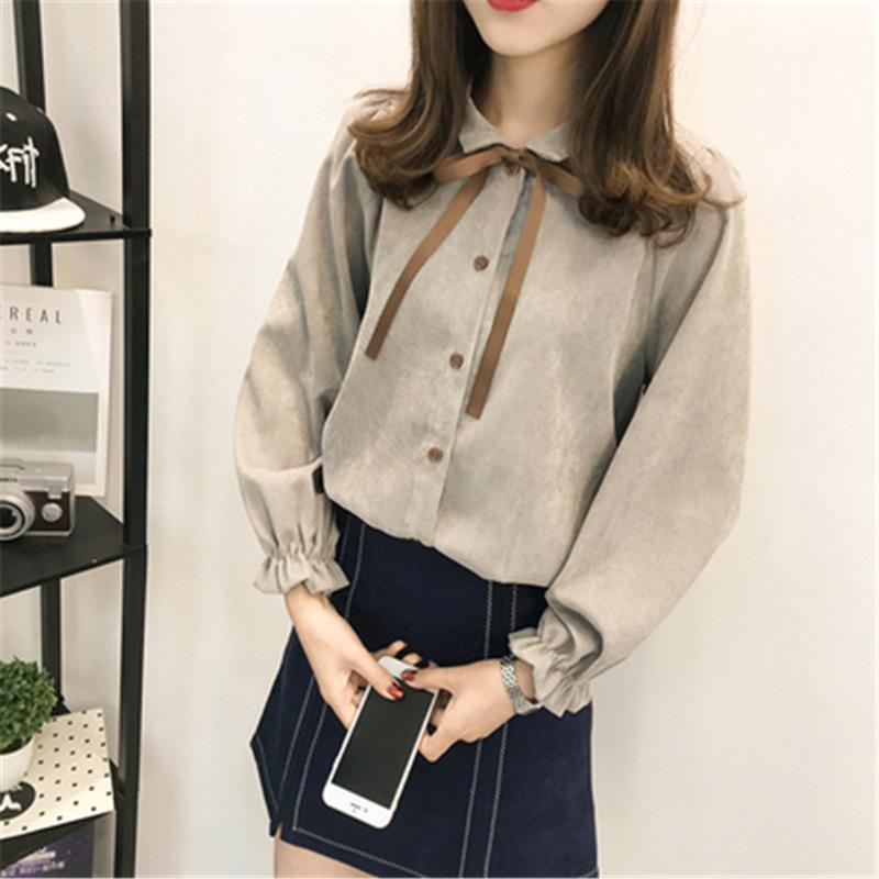 

Women's Blouses & Shirts 2022 Women Bow Turn-down Collar Flare Sleeve Korean Style Corduroy Autumn Elegant Vintage Womens Daily Casual, White