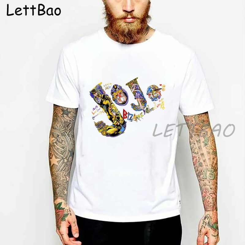 

2020 jojo bizarre adventure Printed T-shirt Round Neck Japanese Anime Short Sleeve Male White Tees Men's Casual T shirts Tops L0223, White;black