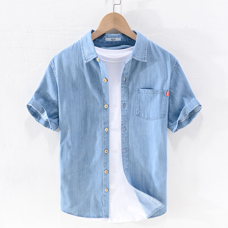 

2021 Summer New Brand Denim Cotton Fashion Short-sleeved Blue Shirts for Men Casual Comfortable Shirt Mens Chemise Camisa Gezo, Light blue