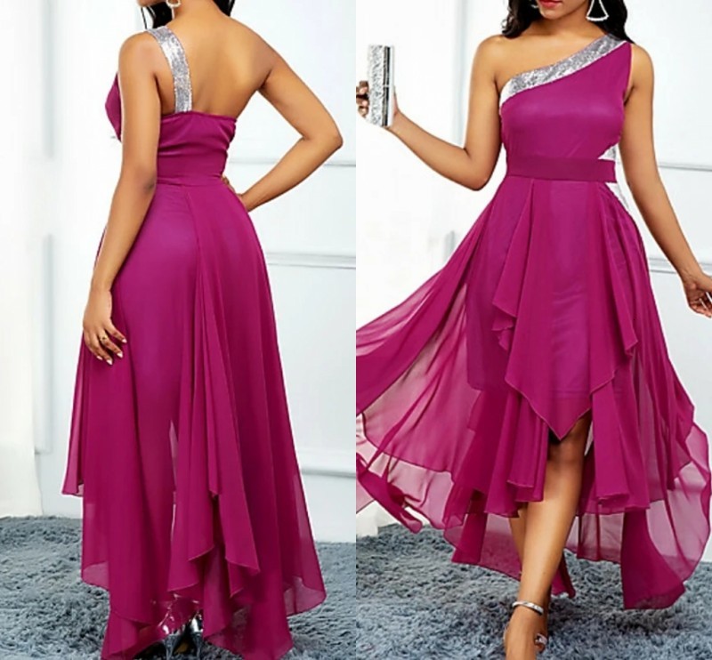 

2021 New Hot Fashion High Low Prom One Shoulder Sequins Asymmetrical Chiffon Evening Formal Gowns Vestidos De Noiva Ztdy