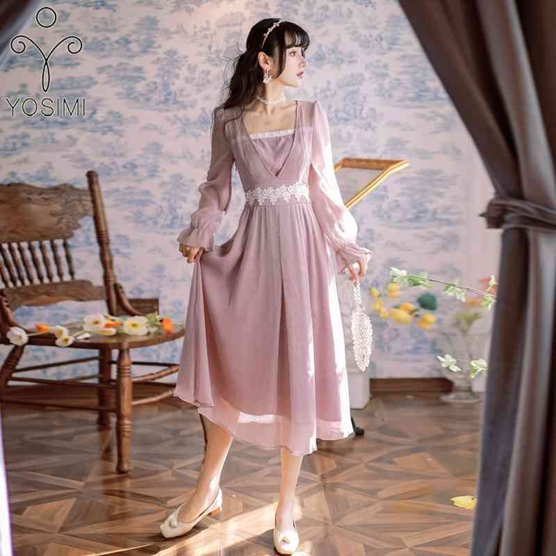 

YOSIMI Long Women Dress Elegant Vintage Chinese Style Hanfu V-neck A-line Mid-calf Pink Chiffon Sleeve Evening Party 210604