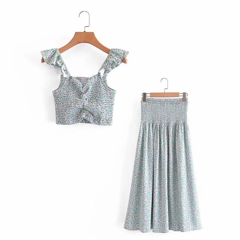 

Women floral printed summer skirts suits Fashion strap tank tops + high waist A-line pleated long Female casual 210524, Blue