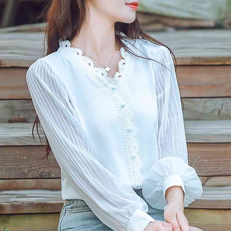 

Women Blouses Blusas Mujer De Moda Blouse Women V-neck Chiffon Blouse Shirt Long Sleeve White Blouse Women Shirts Tops D412 210602