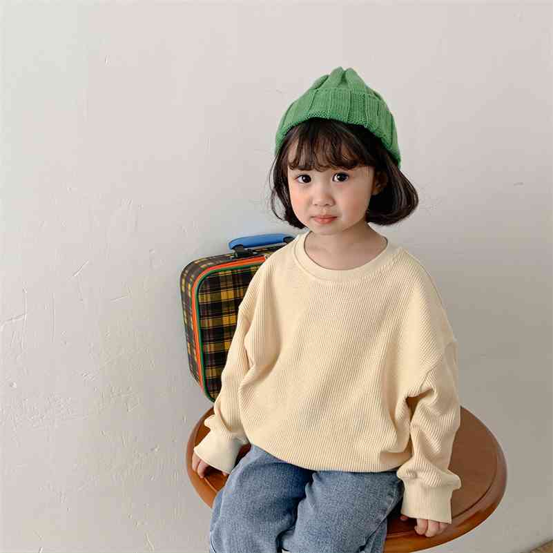 

Spring cotton solid color walf checks long sleeve sweatshirts Kids loose casual pullovers 210708, Gray coffee