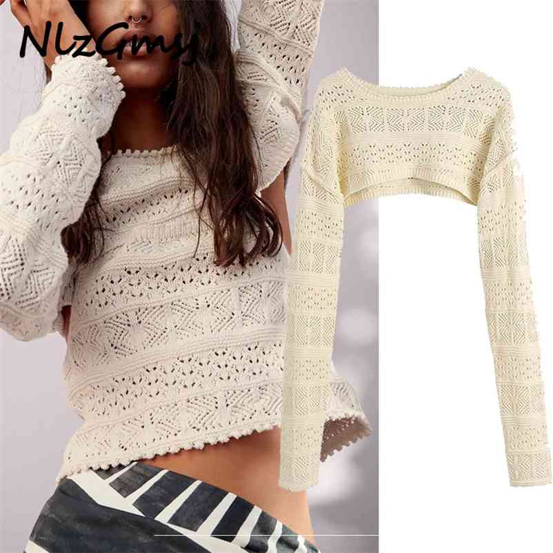 

Sweater Women Pullover Long Sleeve Knit Short Jumper Hollow Out O Neck Knitwear Pull Femme 03 210628, As picture