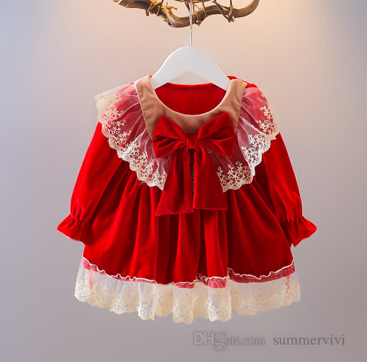 

Baby Girls Bows christmas party dresses lolita toddler kids splicing lace gauze embroidery falbala dress children red velvet 1st birthday princess clothes Q2296