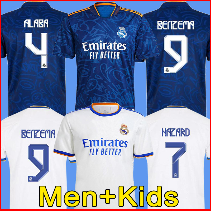 

REAL MADRID jerseys 21 22 soccer football shirts ALABA HAZARD BENZEMA ASENSIO MODRIC MARCELO camiseta men + kids kit 2021 2022 uniforms, 21/22 away +patch1