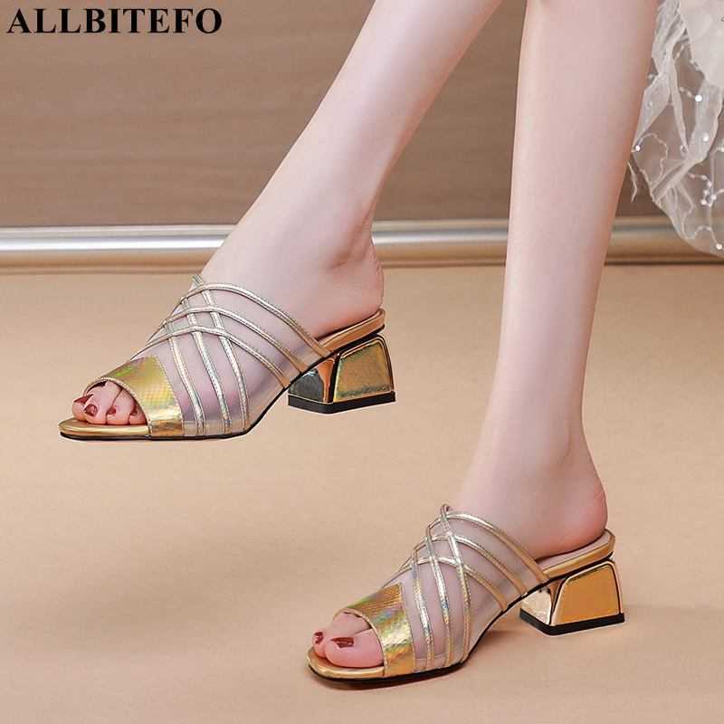 

ALLBITEFO Size 34-42 Open Toe Sandals Mesh + Genuine Leather Women Sandals Fashion Sexy Summer Golden Silver Slippers Flip Flops 210611, As picture