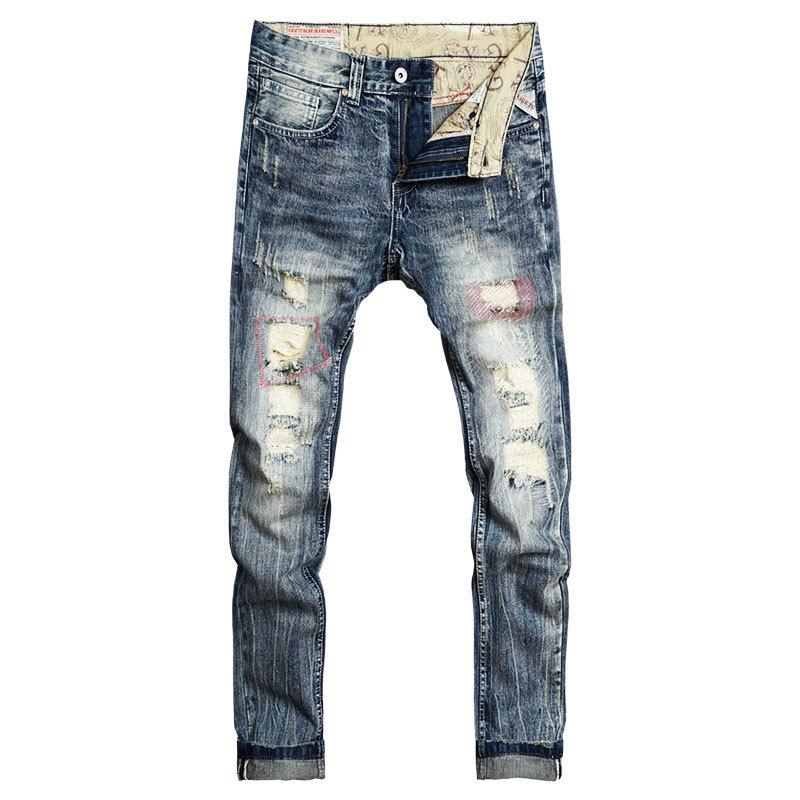 

2021 New Italian Vintage Fashion High Quality Slim Fit Retro Ripped Men Destroyed Baggy Pants Streetwear Hip Hop Jeans P840, Retro color