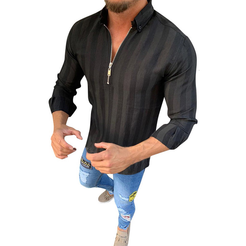 

2021 Male Casual Mode Social Shirts Striped Turn-down Collar Autumn Slim Fit Long Sleeve Hawaiian Business Zipper 5zjx, White
