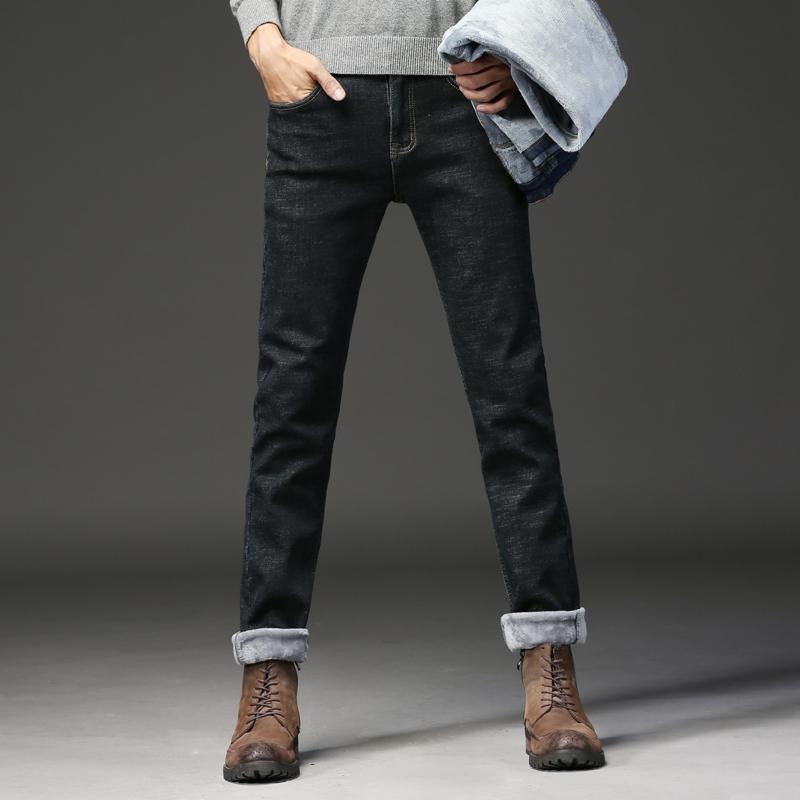 

Men's Jeans Winter Slim Men Plus Velvet Thickening Simple Business Casual / Boutique Warm Large Size Brand Denim Trousers, Black