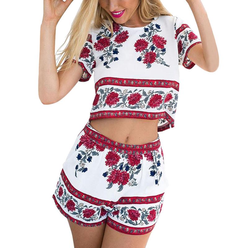 

Women's Suits & Blazers Women Two Piece Set Tracksuit Top And Shorts White Summer Floral Print Crop Tops Vintage Style Boho Beach Sporting F
