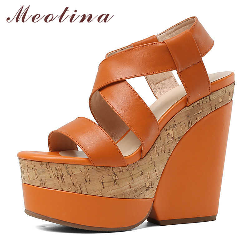 

Meotina Women Shoes Summer Sandals Natural Genuine Leather Platform Wedge Heel Shoes Cow Leather Super High Heel Sandals Lady 42 210608, Blue