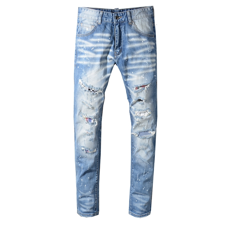 

2021 New Men's Male Trousers European American Street Fashion Slim Jeans Light-colored Scratched Holes Patch Beggar Denim Pants Dl07, Blue