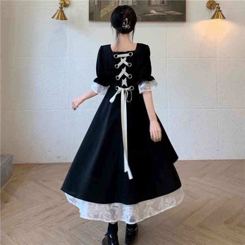 

elegant vintage dress summer balck bandage short sleeve lace midi dress oversized french palace style fashion, Black;gray