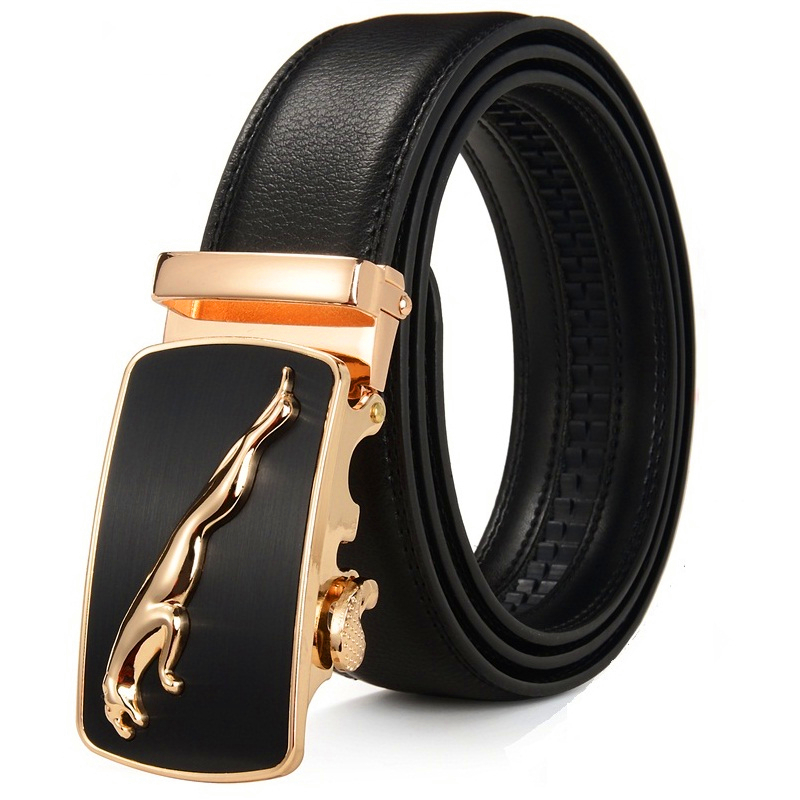 

2021 New Fashion Men's Leather Automatic Buckle Male Formal Waist of Trousers Belt Suit Strap Golden Metal Jaguar Style 1xzd, Black