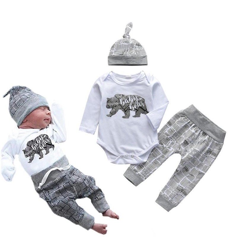 

Newborn Boy Clothes Baby Bear Letter Print Long Sleeve Romper+Pants+Hat Infant Clothing 3Pcs Toddler Outfits Set 210309, Light blue