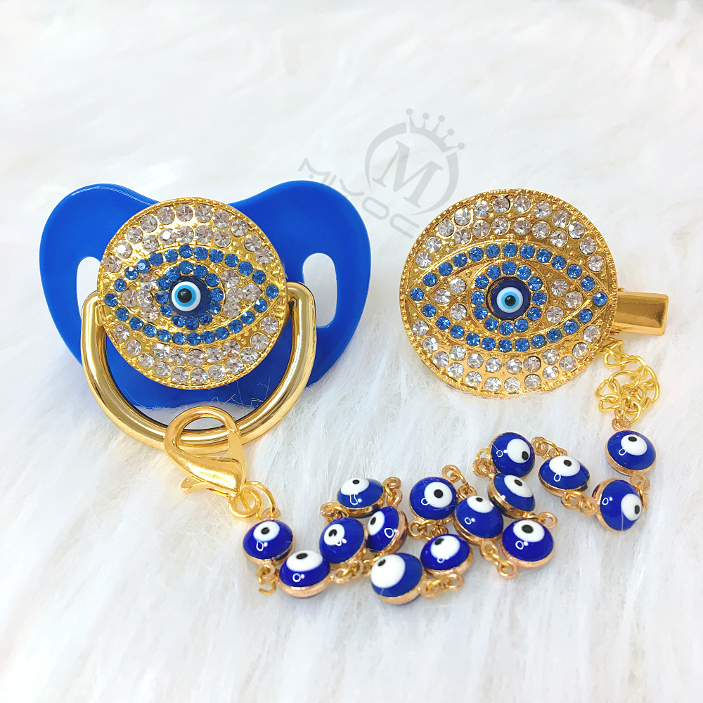 

MIYOCAR blue Bling evil eye pacifier and clip set pacifier chain holder bling colorful lovely evil eye pacifier AEYE-C 210226