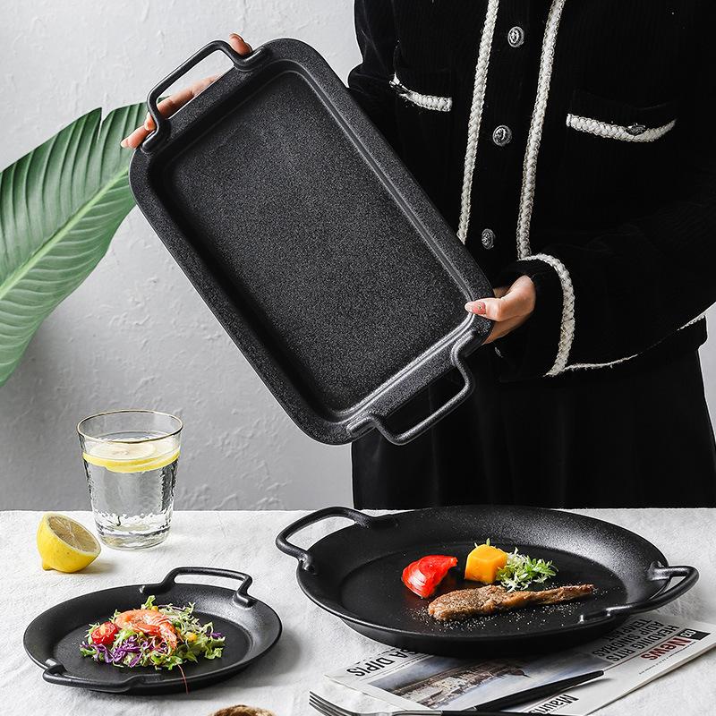 

Dishes & Plates Creative Ceramic Plate With Handle Square Round Black Binaural Baking Dinnerware Steak Soup Snack