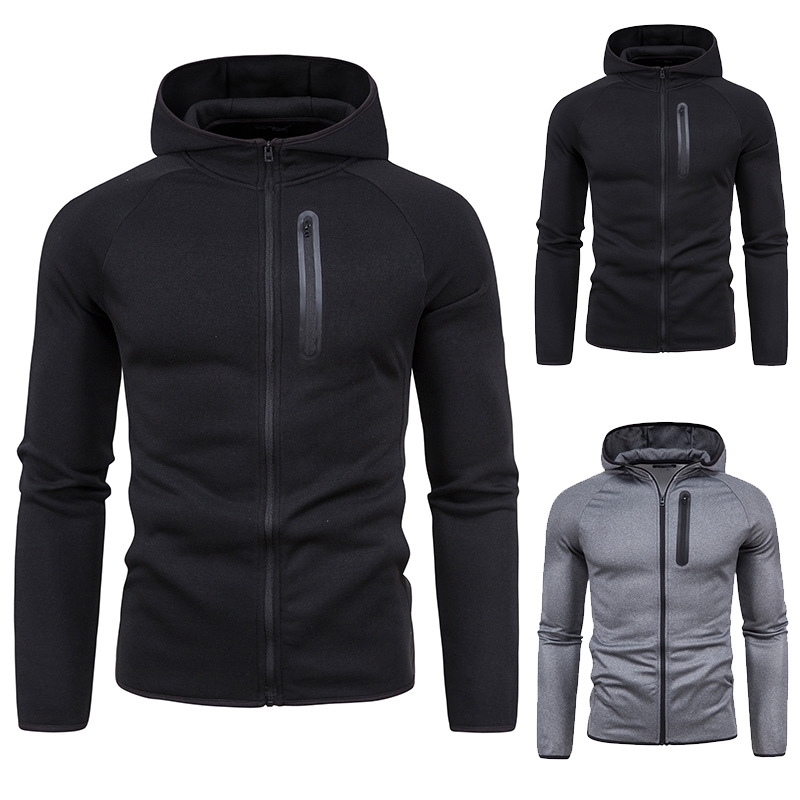 

European autumn and winter men' outdoor sports hooded solid color coat youth sweater, Black