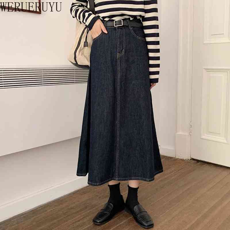 

WERUERUYU Korean Denim Pleated Skirts Women Autumn A Line High Waist Jeans Mid Skirt Casual Blue Flare Solid Long Skirt 210608, Photo color