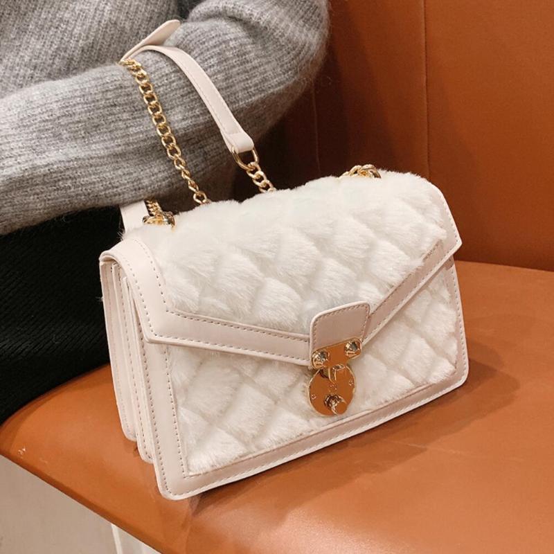 

Plush Square Crossbody bag 2021 Winter New High-quality PU Leather Women's Designer Handbag Lattice Chain Shoulder Messenger Bag, Black