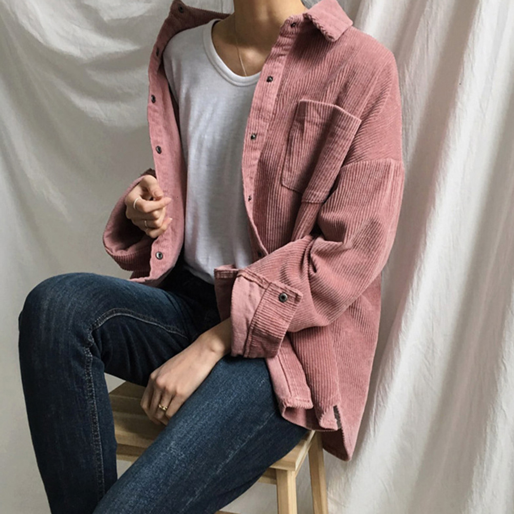 

2021 New Women Autumn Vintage Corduroy Jackets Solid Harajuku Loose Coats Female Casual Overcoats Retro Tops Clothing 3r7e, Apricot