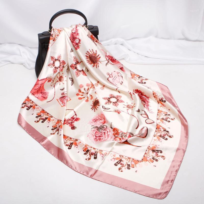 

Scarves FXAASS Bandana Women Hijab Square Scarf Fashion Ladies Retro Luxury Silk Shawls Flowers Print 90*90cm Large Cape Headscarf, Blue;gray
