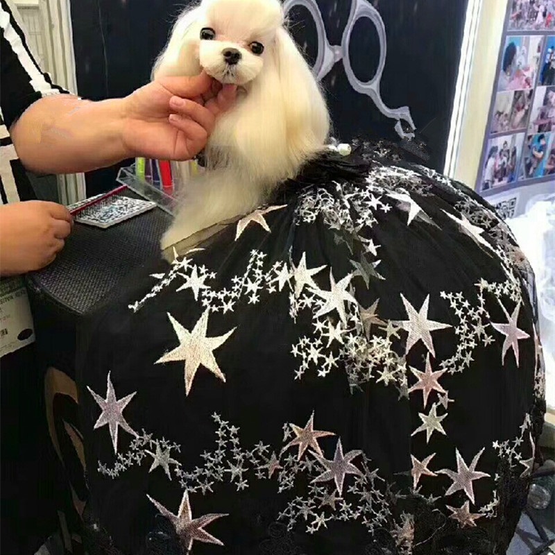

Handmade Dog Apparel Clothes Pet Dress Luxury Trailing Gown Classic Black Silver Stars Tulle Skirt 2 Colors Option Poodle Maltese Yorkie