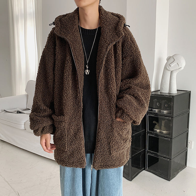 

2021 New Winter Lamb Fur Men's Warm Fashion Casual Short Hooded Coat Parka Streetwear Loose Thick Jacket Men Clothes -2xl Cska, Brown