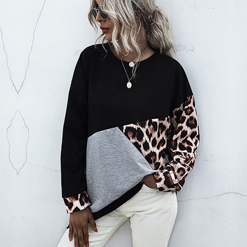 

2021 Knitted Leopard Stitching Long Sleeved Tops New Autumn Stylish Casual O-neck Office Lady Womens Chic t Shirt 8s5s, Black