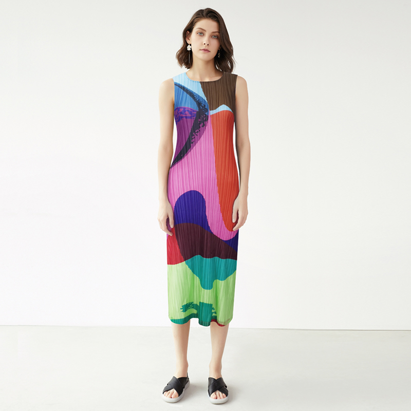 

2021 New Japanese Style Pleats Geometric Vintage Painting Women' Sleeveless Summer Color Motel Rocks Long Korea Jt91, Photo color 2