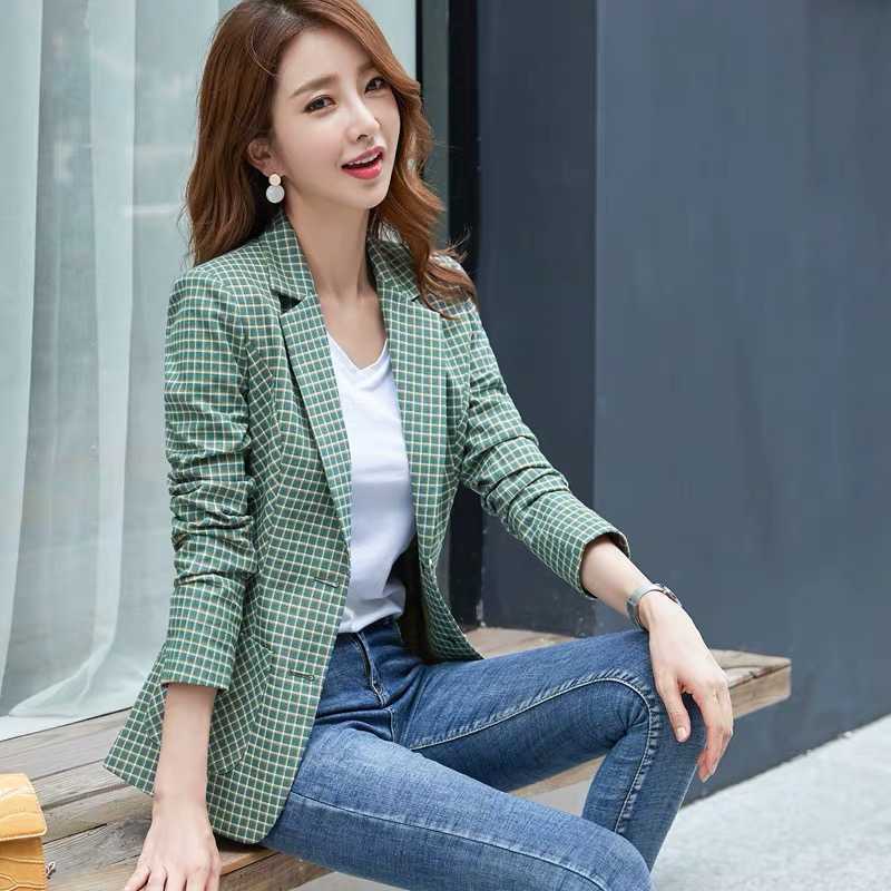 

Plaid small suit women spring and autumn Korean fashion wild casual Single Breasted Regular Button Notched 210603, Green